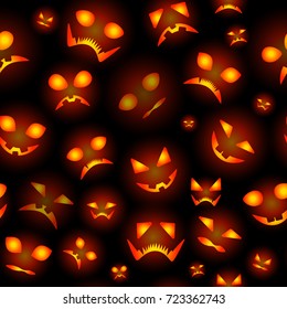Seamless background from pumpkins for Halloween. Different emotions on faces. Orange color on black. Poster or banner for the invitation