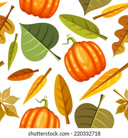 Seamless background with pumpkins and leaves