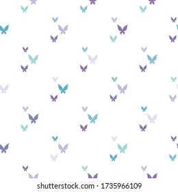 Seamless background with purple and blue butterflies  on white. Nature, organic, summer vector pattern. Paper or fabric print. 