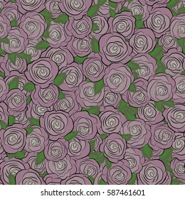 Seamless background in purple and gray roses and green leaves. Vector seamless background with colored spots.