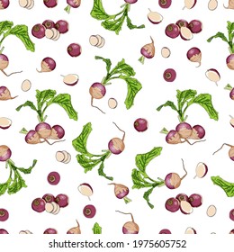 Seamless background of purple top white globe turnips. Whole, half, and sliced turnip. Turnip with tops. Organic and healthy, vegetarian vegetables. Vector illustration isolated on white background.