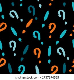 Seamless background with question and exclamation signs.  Brush drawings. Vector doodle question marks background. Hand drawn questions on black background.