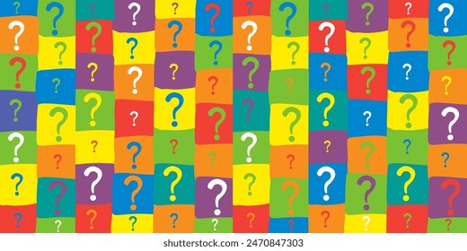 Seamless background with question signs. Too Many Questions. Quiz Background. AQ button. Asking questions. Ask for help. Closeup. Horizontal banner.  Vector illustration 