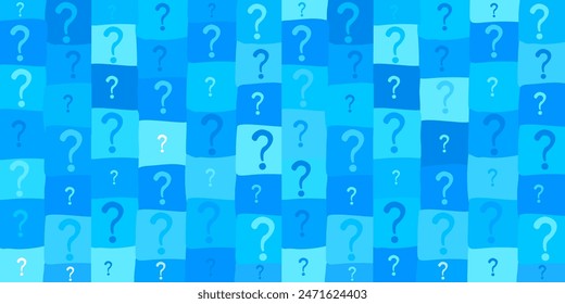 Seamless background with question signs. Too Many Questions. Quiz Background. AQ button. Asking questions. Ask for help. Closeup. Horizontal banner.  Vector illustration 