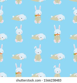 Seamless background with a rabbit. The hare sleeps, eats a carrot, looks. Vector illustration
