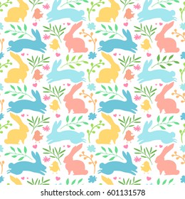 Seamless background with with rabbit silhouette and herb, plant. flower.  Easter wallpaper for invitation and decoration. Cute pastel backdrop with jumping bunny. Texture for fabric. Vector