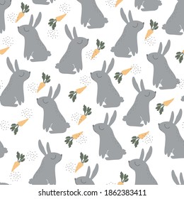 Seamless background with rabbits and carrots. Decorative wallpaper for the nursery in the Scandinavian style. Vector. Suitable for children's clothing, interior design, packaging, printing.