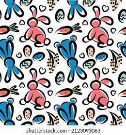 seamless background of rabbits and eggs and carrots for Easter holiday on white background