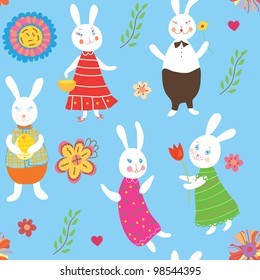 Seamless background with rabbits and flowers