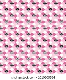 Seamless background with raccoon muzzles. pattern for kids goods.  Funny cute animal face. Romantic pink background