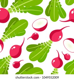 Seamless background. Radish, whole root and half, and leaves. Vector illustration cartoon flat icon isolated on white.