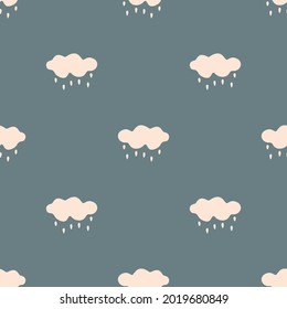 Seamless background rain cloud gender neutral pattern. Whimsical minimal earthy 2 tone color. kids nursery wallpaper or boho cartoon fashion all over print.