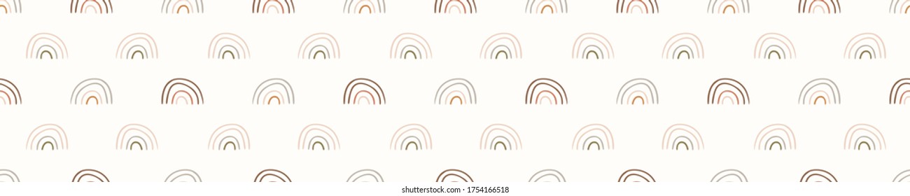 Seamless background rainbow banner. Gender neutral baby border pattern. Simple whimsical minimal earthy 2 tone color. Kids nursery edging or boho nature fashion ribbon trim.