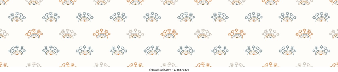 
Seamless background rainbow banner. Gender neutral baby border pattern. Simple whimsical minimal earthy 2 tone color. Kids nursery edging or boho nature fashion ribbon trim.