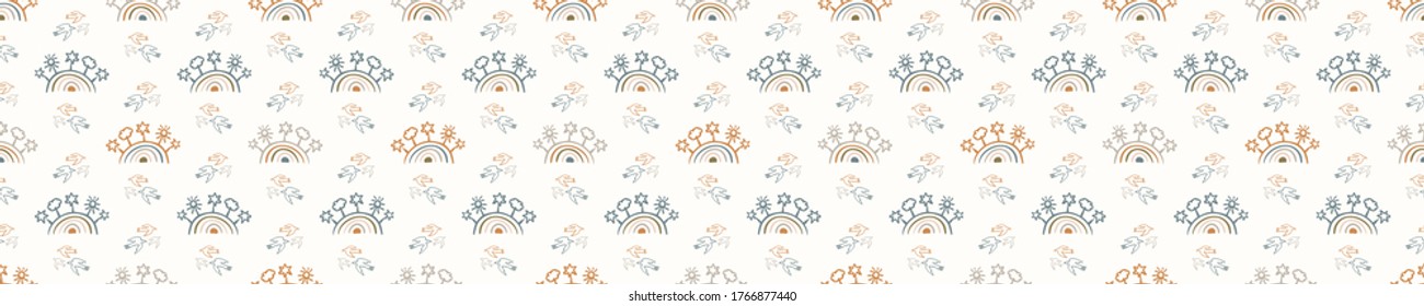 
Seamless background rainbow banner. Gender neutral baby border pattern. Simple whimsical minimal earthy 2 tone color. Kids nursery edging or boho nature fashion ribbon trim.