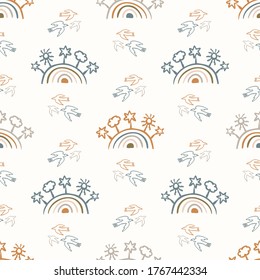 Seamless background rainbow birds gender neutral baby pattern. Simple whimsical minimal earthy 2 tone color. Kids nursery wallpaper or boho fashion all over print. 