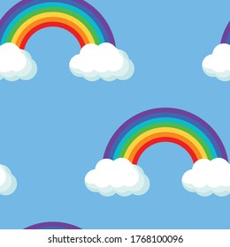 Nahtloser Hintergrund mit Regenbogen und Wolken für Stoff, dekoratives Papier, Web. Helle Vektorgrafik auf blauem Hintergrund.