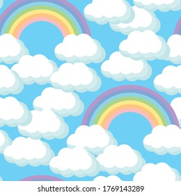 Seamless background with rainbow and clouds for fabric, decorative paper, web. Pastel vector illustration on blue sky background.