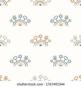 Seamless background rainbow gender neutral baby pattern. Simple whimsical minimal earthy 2 tone color. Kids nursery wallpaper or boho fashion all over print. 