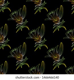 Seamless background with rainbow lilies on the black background. Endless texture for design. Vector background with lilies and floral elements for design, packaging, fabric, textile.