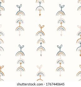 Seamless background rainbow mobile gender neutral baby pattern. Simple whimsical minimal earthy 2 tone color. Kids nursery wallpaper or boho fashion all over print. 