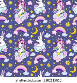 Seamless background with rainbow unicorn, clouds and stars. Pattern for wallpaper, children's clothing design, pattern fill, web page background, wrapping paper