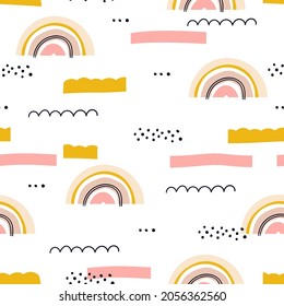 Seamless background with rainbows. Abstract stripes and dots in doodle style. Design for children's room, wallpaper and clothes