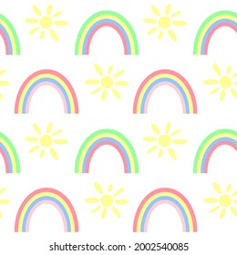 Fondo sin foco con arcos de lluvia y sol, ilustración vectorial. Fondo colorido para los niños. Lluvias multicolores entre el sol amarillo. Papel de escritorio o embalaje para el bebé.