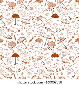 Seamless background with rain,clouds and umbrellas. Decorative texture. Can be used for wallpaper, pattern fills, textile, web page background, surface textures. Vector illustration. 