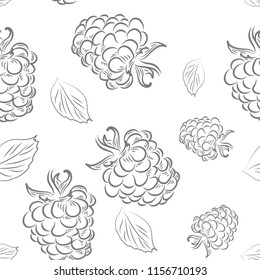 Seamless background with raspberries, vector image, contour brush