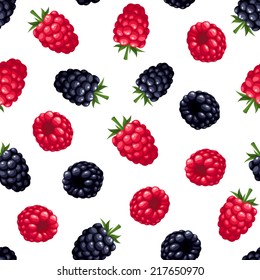 Seamless background with raspberry and blackberry on white. Vector illustration.