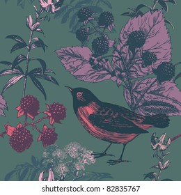 seamless background with raspberry, flowers and birds