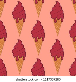 seamless background of raspberry ice cream in waffle horn