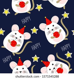 Seamless background with rat and Christmas balls and stars. Christmas rat.Seamless pattern with cute funny mice.