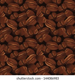 Seamless background with realistic coffee beans. Seamless texture. Vector background.