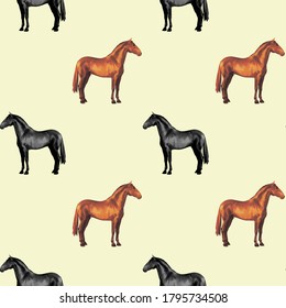 seamless background of realistic figures of horses, on a white and colored background for packaging, postcards, notebooks, fabrics