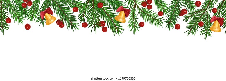 Seamless Background with realistic green fir tree branch, bell and christmas berries. Place for text, congratulation. Christmas, New Year symbol.