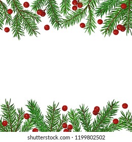 Seamless Background with realistic green fir tree branch and christmas berries. Place for text, congratulation. Christmas, New Year symbol.