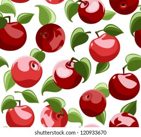 Seamless background with red apples and leaves. Vector illustration.