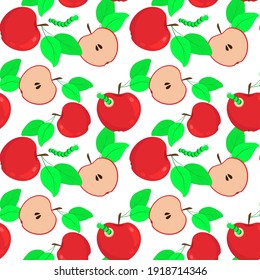 Seamless background with red apples and leaves. Vector repeating pattern with apples, whole and halves, leaves, caterpillars.