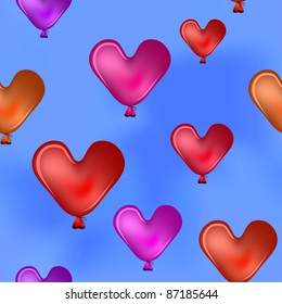 seamless background, red balloons - valentine hearts fly in blue sky. Vector