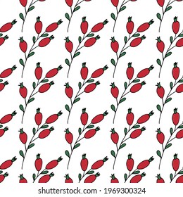 Seamless background with red berries on a branch. Rosehip, a set of red berries. Green leaf. Branch with red berries. Vector. Hand drawing.