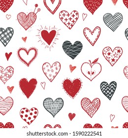 Seamless background with red and black doodle sketch hearts. Can be used for wallpaper, pattern fills, textile, web page background, surface textures