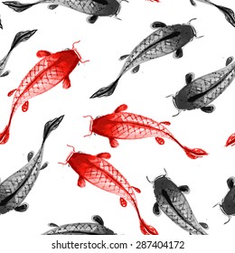 Seamless background with red and black koi carps hand drawn with ink in traditional Japanese painting style sumi-e.