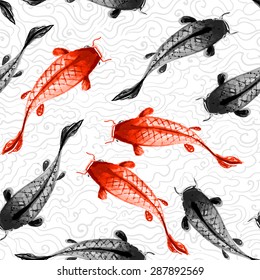 Seamless background with red and black koi carps hand drawn with ink in traditional Japanese painting style sumi-e.