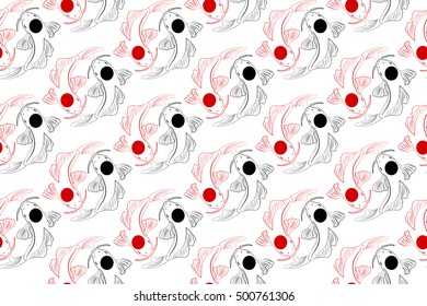 Seamless background red and black koi carps hand drawn with ink traditional Japanese painting style