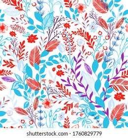 Un fondo sin costuras con flores y hojas rojas y azules. Ilustración del vector