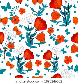 A seamless background with red and blue flowers and leaves. Print with poppies and butterflies. Vector illustration