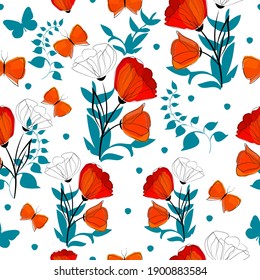 A seamless background with red and blue flowers and leaves. Print with poppies and butterflies. Vector illustration