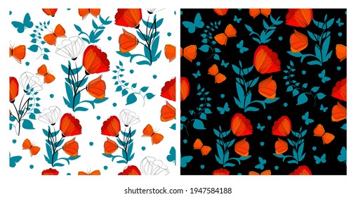 A seamless background with red and blue flowers and leaves. Print with poppies and butterflies. Dark and light background. Vector illustration